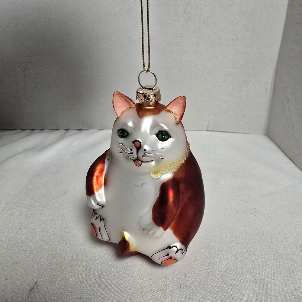 Smithsonian Institution Blown Glass Fat Ginger Green Eyed Cat Christmas Ornament - Picture 3 of 9
